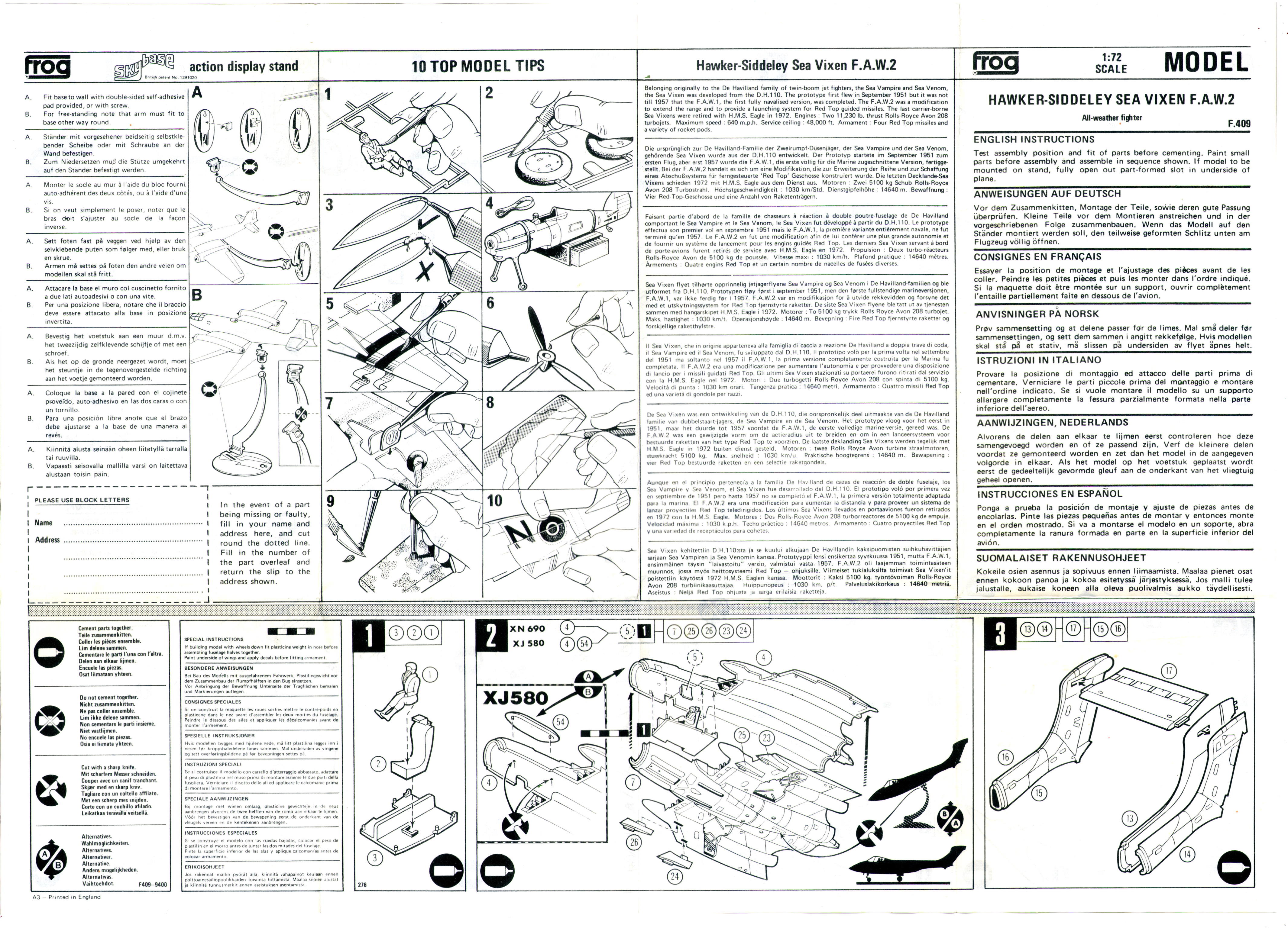 Instructions leaflet FROG F409 Orange Series Sea Vixen FAW.Mk.2 Strike Fighter, ROVEX Models and Hobbies, 1976
